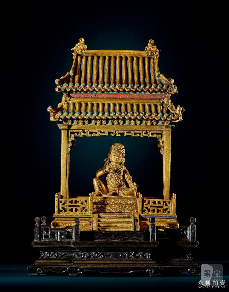 清康熙 （宫廷）铜鎏金黄财神填珐琅殿式佛龛（一组）